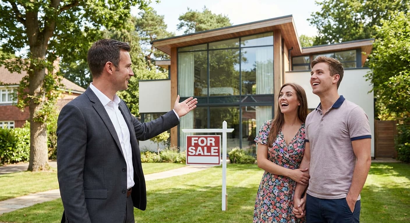 Immobilienmakler zeigt einem Paar ein Haus bei einer Besichtigung